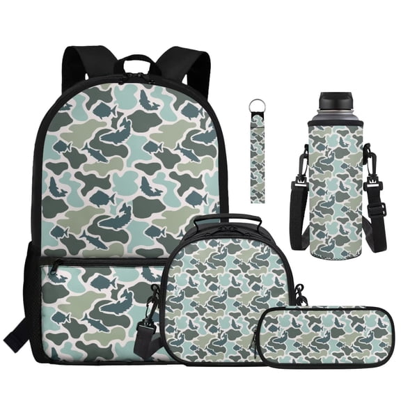 KEIAHUAN Fish Camo Girls Backpack Set, Heavy-Duty 17 Inch School Bookbag with Lunch Bag, Pencil Case, Water Bottle Sleeve and Keychain for Kids, Teens, Outdoor Travel Use 5-Piece