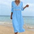 thumbnail image 2 of Ygbgbb Women V‑Neck Hollow Lace Trim Maxi Dress, Three‑Quarter Sleeve Empire‑Waist Loose Flowy Dress for Summer Beach and Resort‑Style Outfits Blue L, 2 of 7