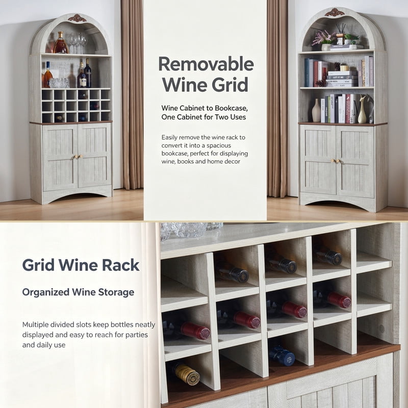 Arched Bar Wine Storage Liquor Cabinet with Removable Wine Grid, Freestanding Bookcase with Adjustable Shelves