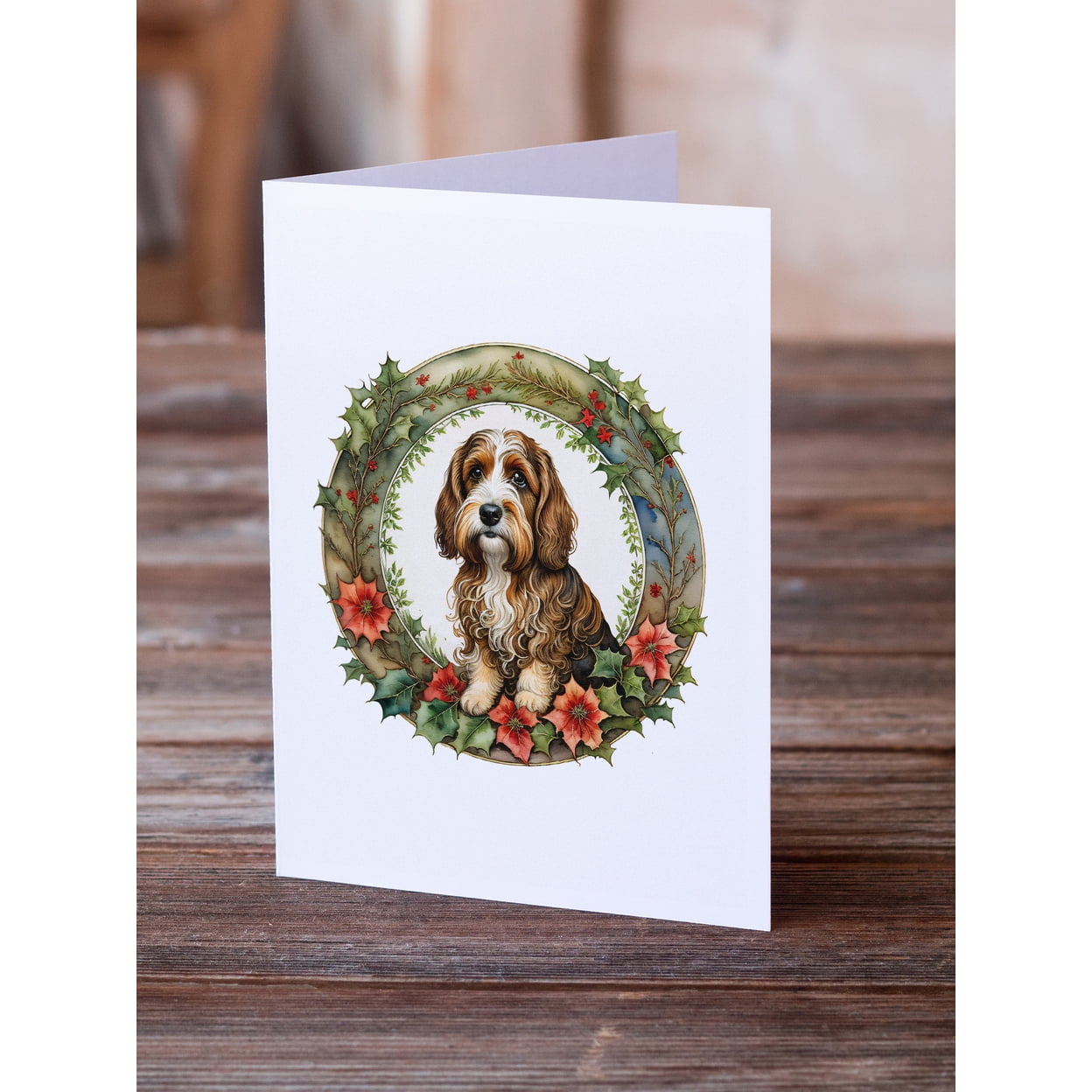 Petit Basset Griffon Vendeen Christmas Flowers Greeting Cards Pack of 8 7 in x 5 in