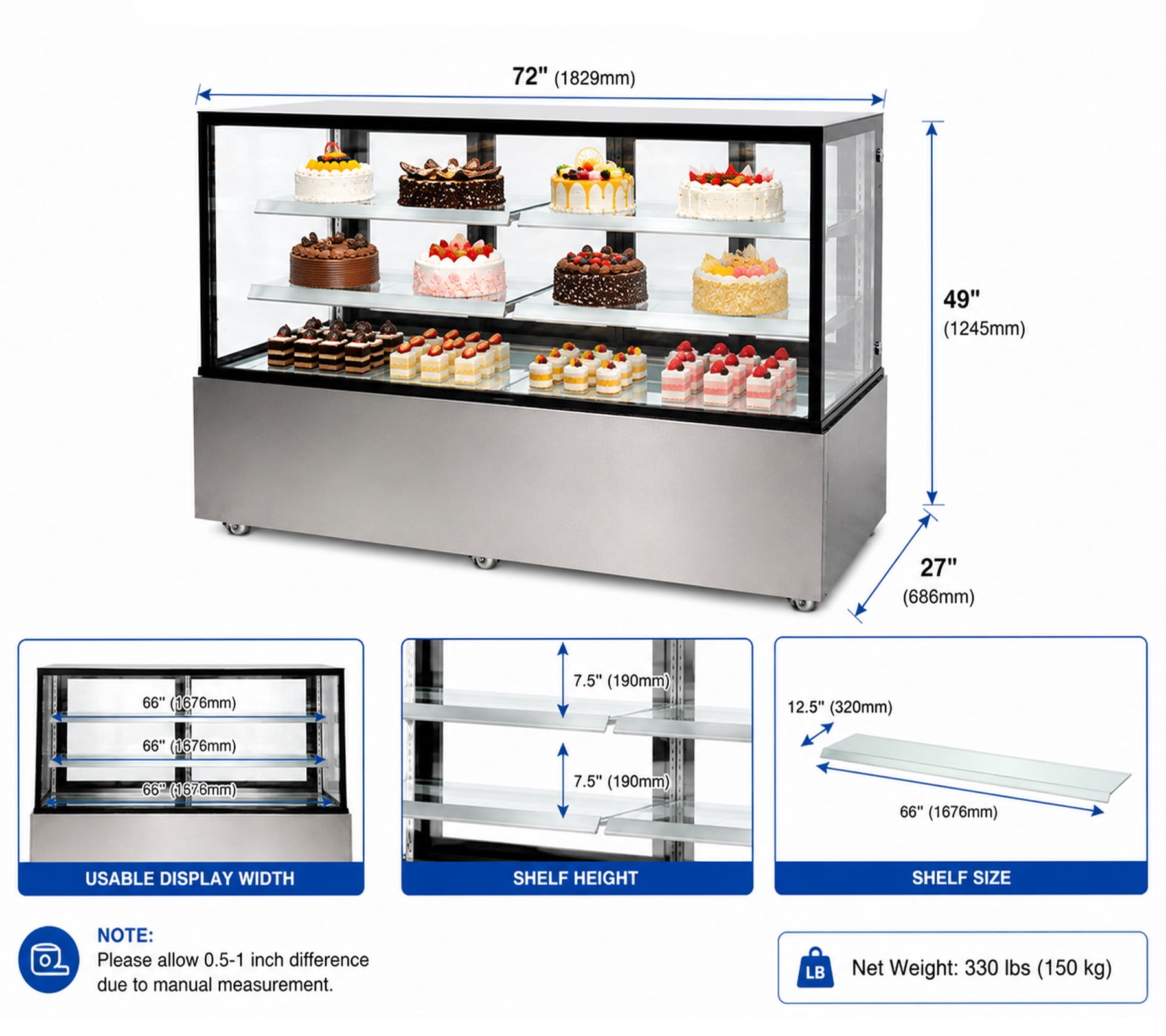 Cooler Depot 72" Refrigerated Cake Showcase Bakery Cooling Display Case, Curved Glass Commercial Bakery Display Refrigerator, LED Lighting, Adjustable Shelves, ETL Certified