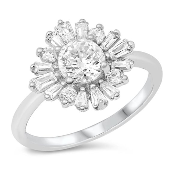 Vintage Deco Burst Ring Clear Cubic Zirconia .925 Sterling Silver Band White Jewelry Female Size 4