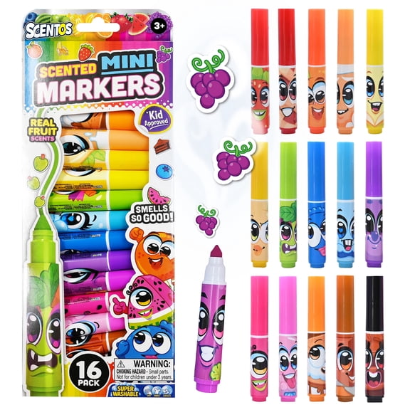 Scentos Fruit Scented Mini Markers for Kid, 16 Pack, Kid Approved, Super Washable, School Supplies Gifts for Child