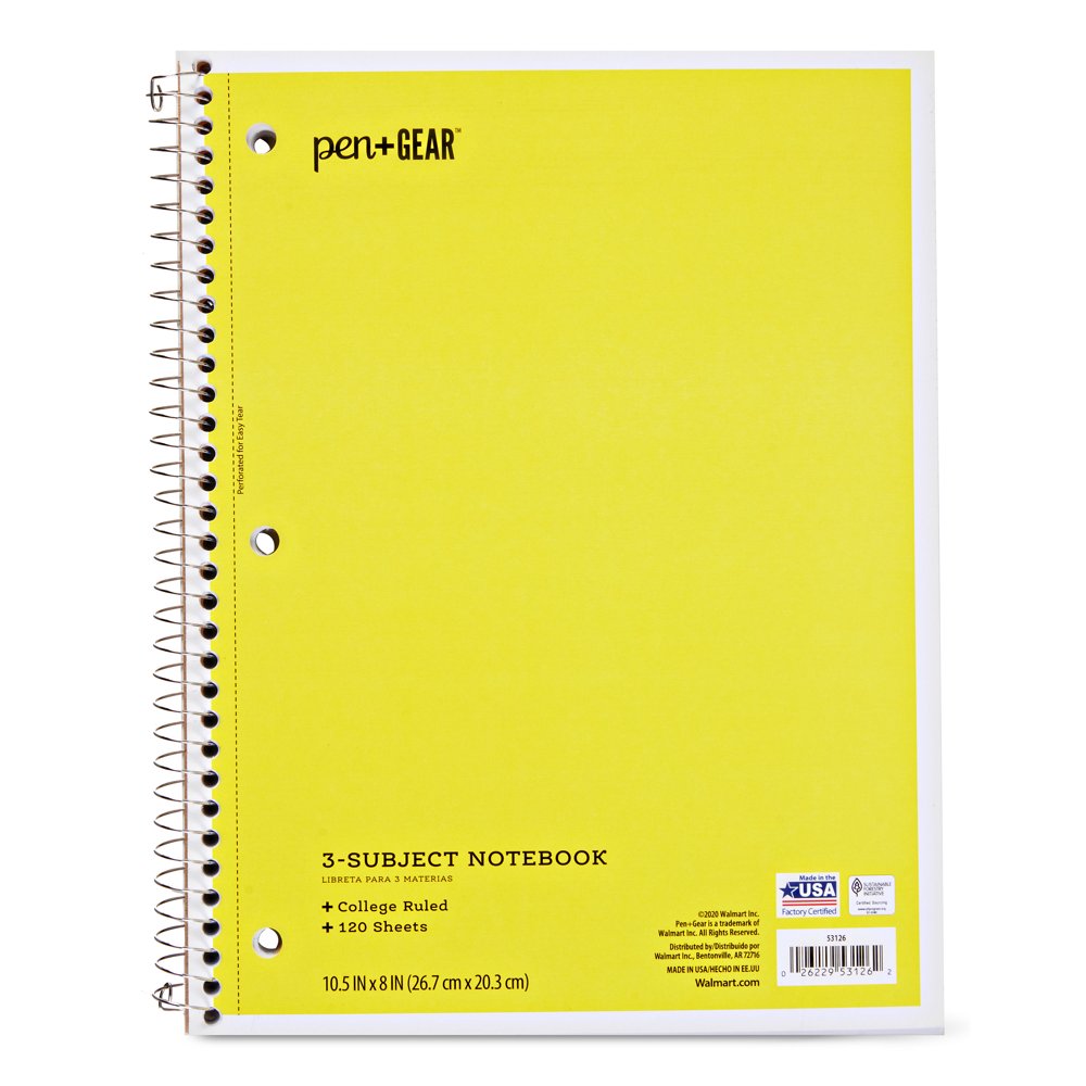 Pen + Gear 3Subject Spiral Notebook, College Ruled, 120 Pages, Yellow