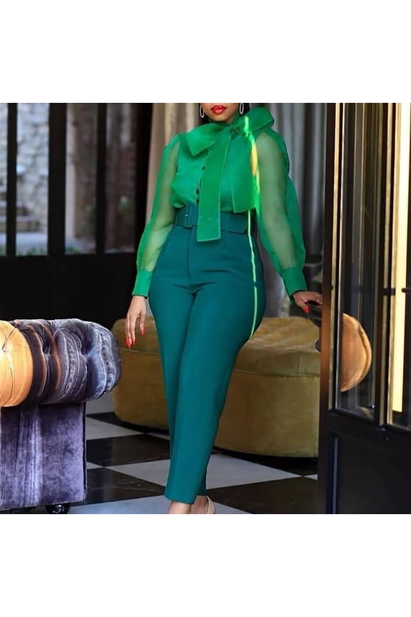 Pants for Women Work Casual Women's Casual Wide Leg High Waisted Button Down Straight Long Trousers Pants (Green,L)