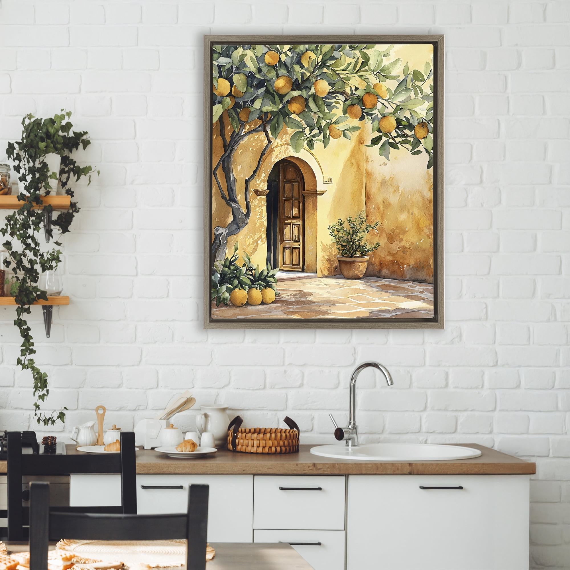 Stupell Industries Mediterranean Courtyard Lemon Tree Brown Framed Floater Canvas Wall Art, design by LSR Design Studio