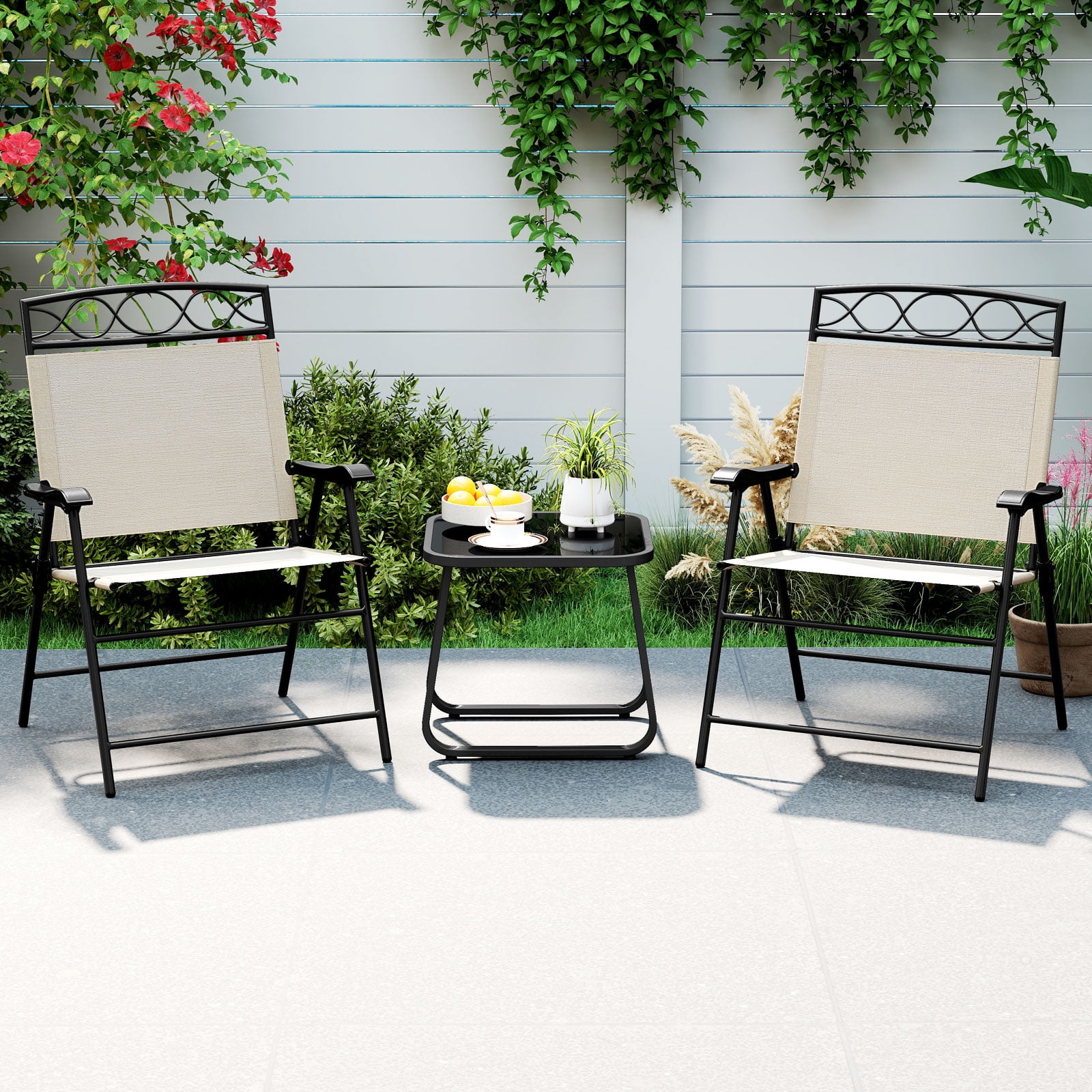 Gymax 4 Pack Patio Folding Chairs w/ Backrests & Armrests Metal Frame Outdoor Beige