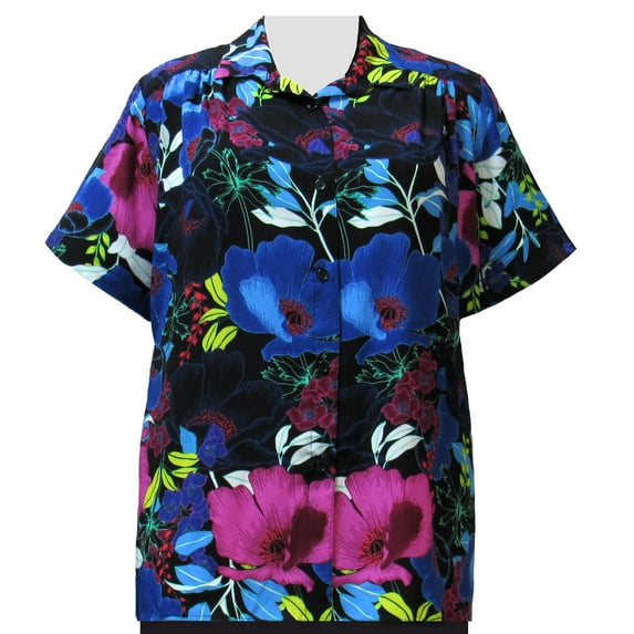 A Personal Touch Women's Plus Size Short Sleeve Button-Up Print Blouse with Shirring - Vibrant Blossoms - 5X