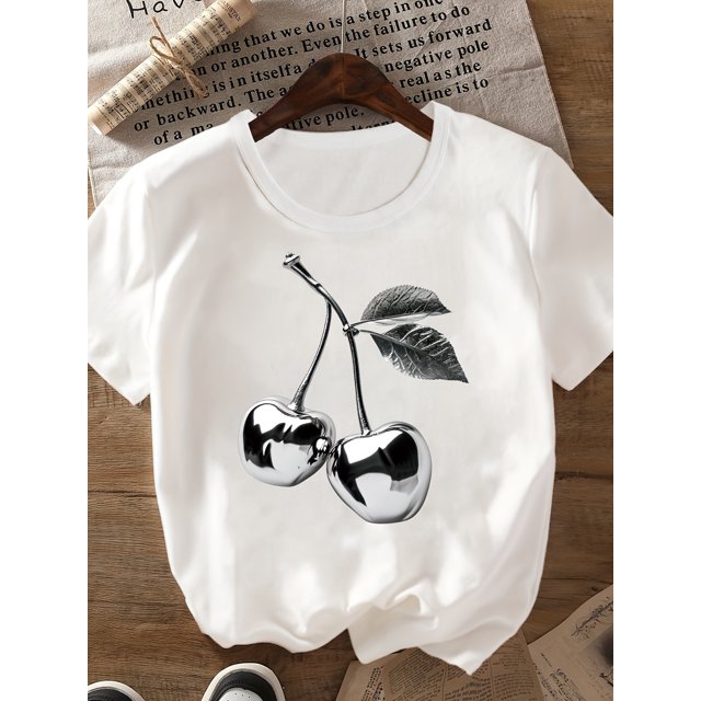 Crew Neck T-Shirt - Women's Summer Casual Apple Applique Top - Regular Length, Spring & Fall Fashion