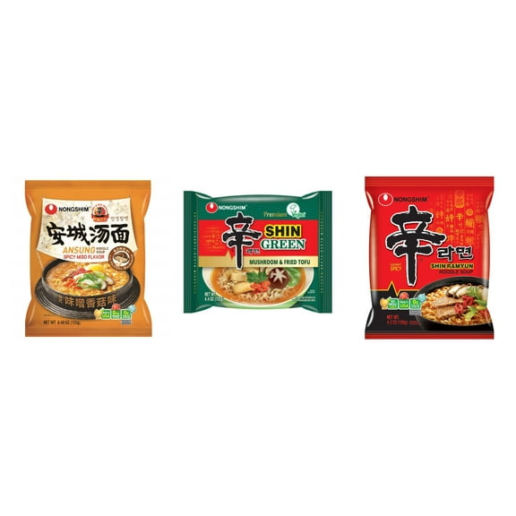 3 Pack Korean NongShim Gourmet Spicy Shin Instant Ramen Noodle, 3 Flavors(Ansung,shin Green,shin red) Plus NineChef Brand Long Handle Coffee Spoon