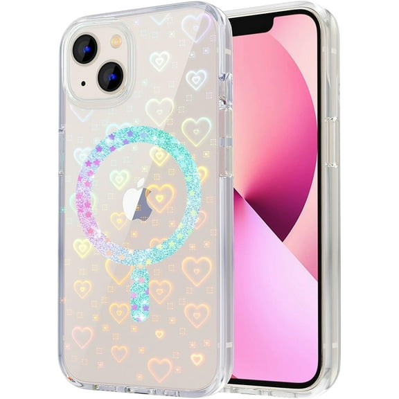 for iPhone 13 Case Compatible MagSafe, Cute Laser Holographic Rainbow Heart Pattern Design for Women Girls, Anti Yellow Clear Glitter Hard PC Protective Cover for iPhone 13, Magnetic Star