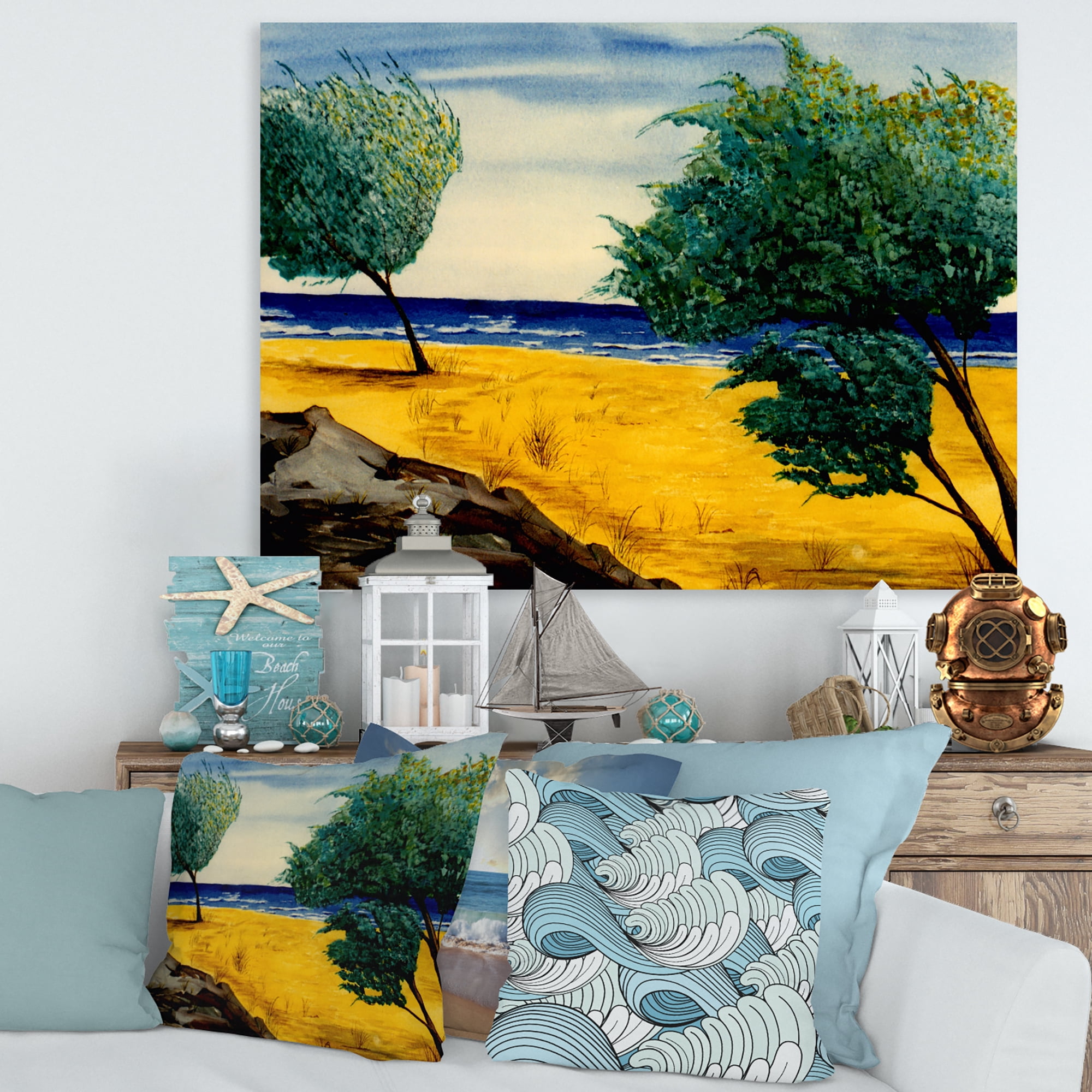 Blue Beach By The Coastline 40 in x 30 in Painting Canvas Art Print, by Designart
