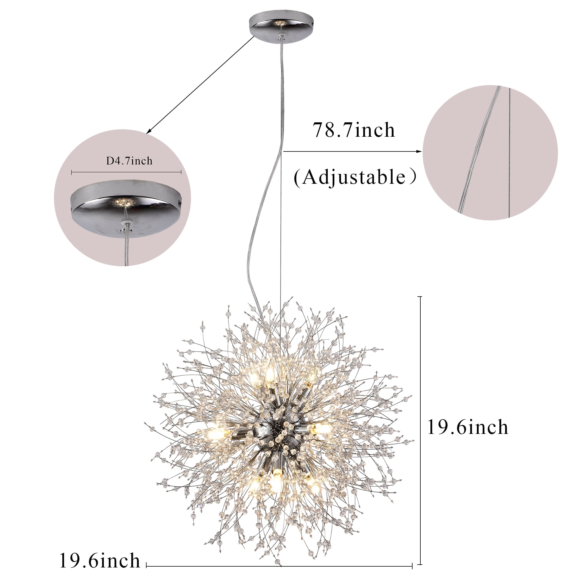 9-Lights Modern Farmhouse Chandelier Lighting, Sputnik Dandelion Ceiling Hanging Lamp, Round Crystal Beaded Pendant Lights for Kitchen Island Dining Room Bedroom Foyer