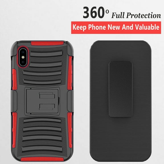 iPhone X Phone Case, Dual Layers [Combo Holster] And Built-In Kickstand Bundled with Hybird Shockproof-Red