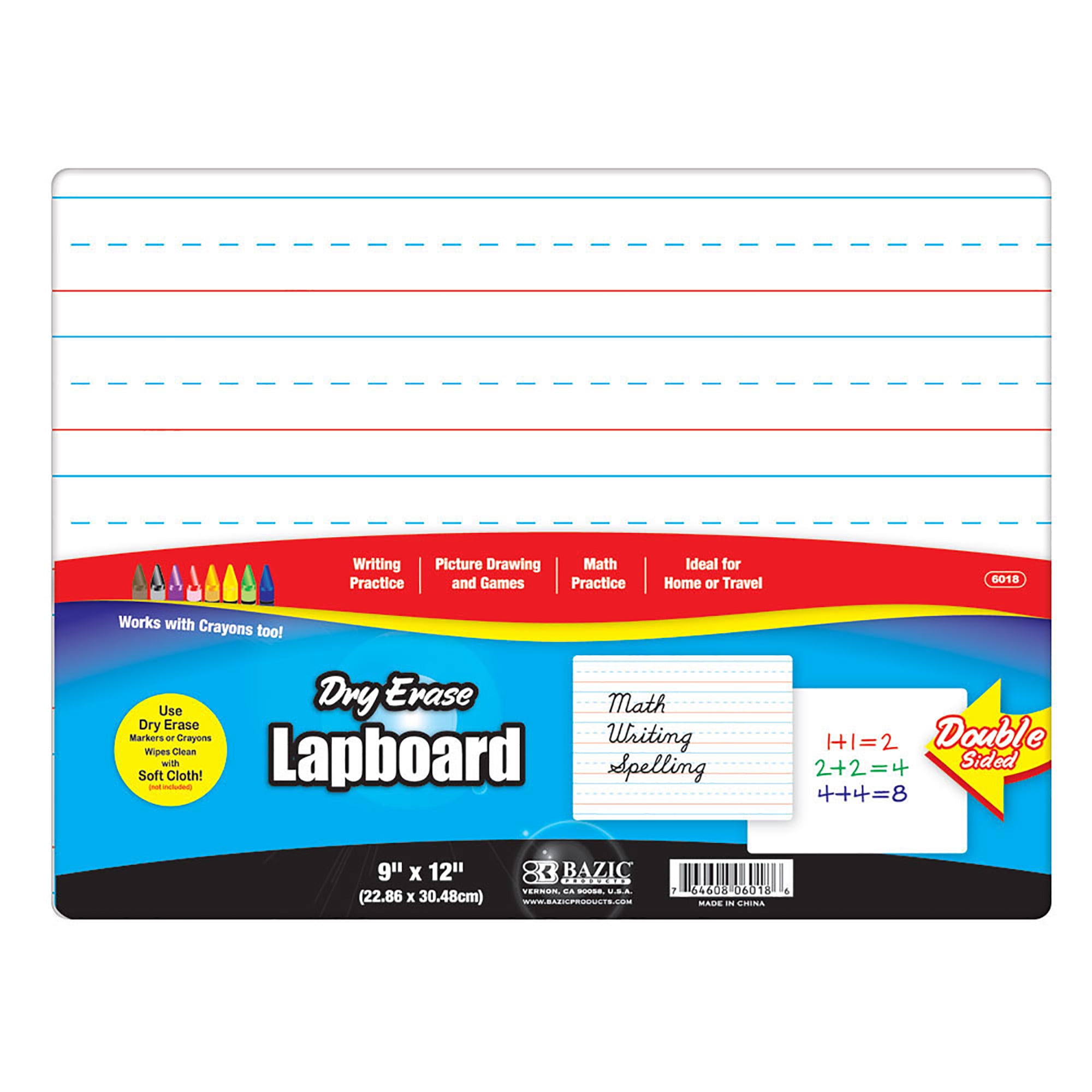 BAZIC 9" X 12" Double Sided Dry Erase Lap Board, Primary Ruled & Blank