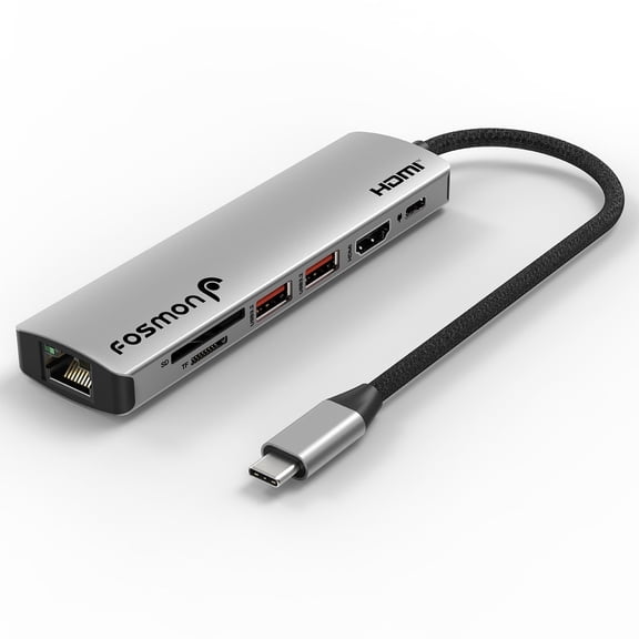 Fosmon 7-in-1 USB-C Hub Adapter with 4K 60Hz HDMI, 100W PD3.0 Charging, 2 USB 3.2 Ports, Gigabit Ethernet, SD/TF Card Reader for MacBook, iPad, Laptop