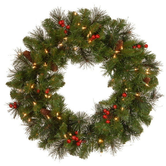 National Tree Company Pre-Lit Artificial Christmas Wreath, Green, Crestwood® Spruce , Clear Lights, Decorated with Pine Cones, Berry Clusters,  24 Inches