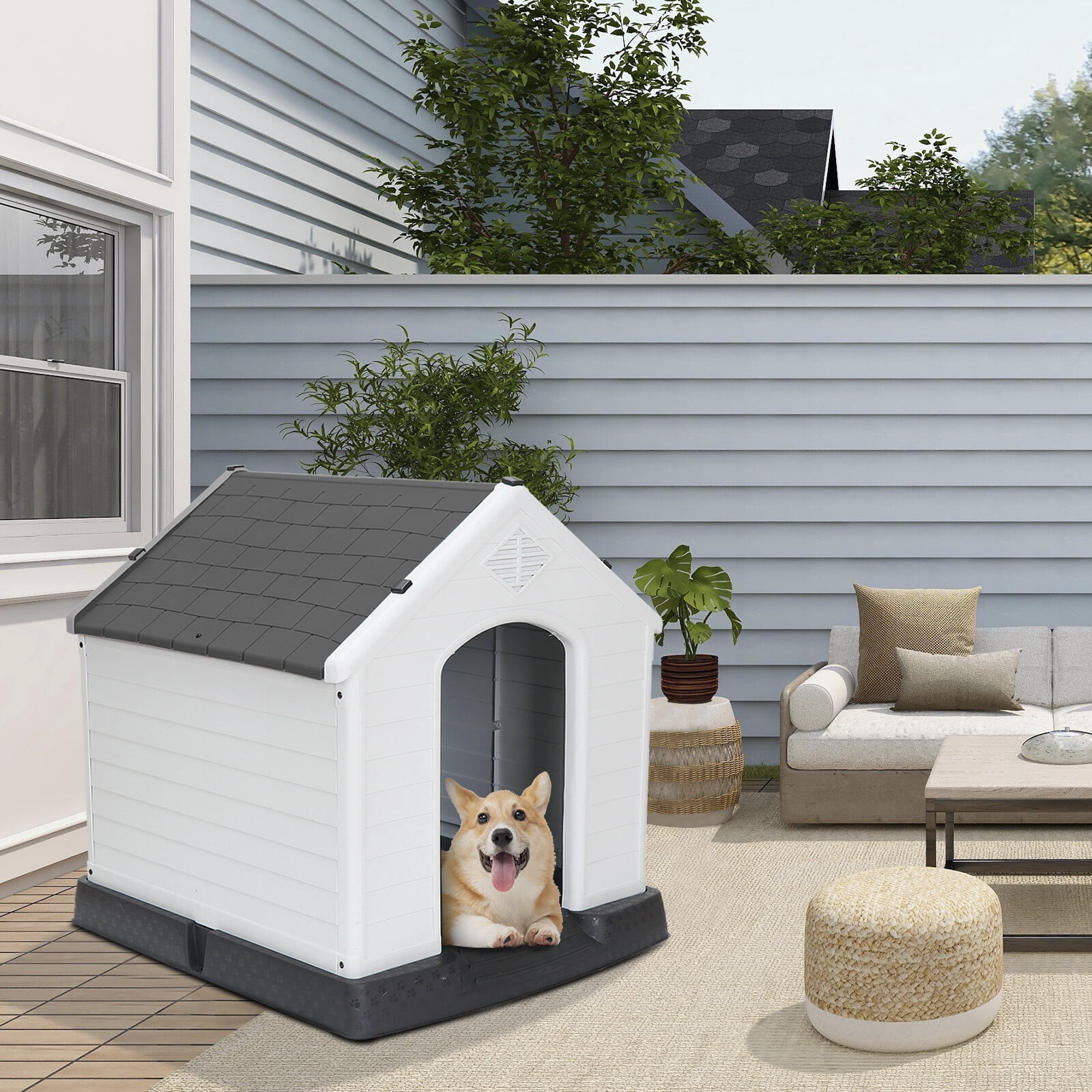 ZENSTYLE Dog House Comfortable Cool Shelter Plastic Design For Small to Medium Sized Indoor Outdoor Gray