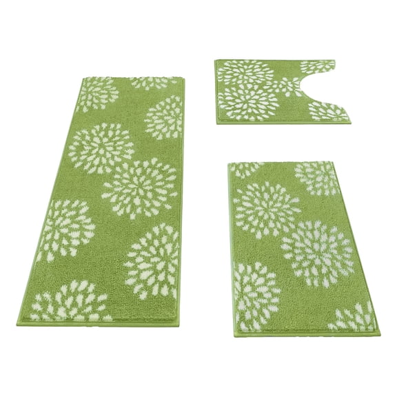 3-Piece Flocked Floral Bathroom Rug Set Soft Imitation Cottons Toilet Mat Set with U-Shape Mat Non-Slide Absorbent Bath Mats for Shower Floor Machines Washable