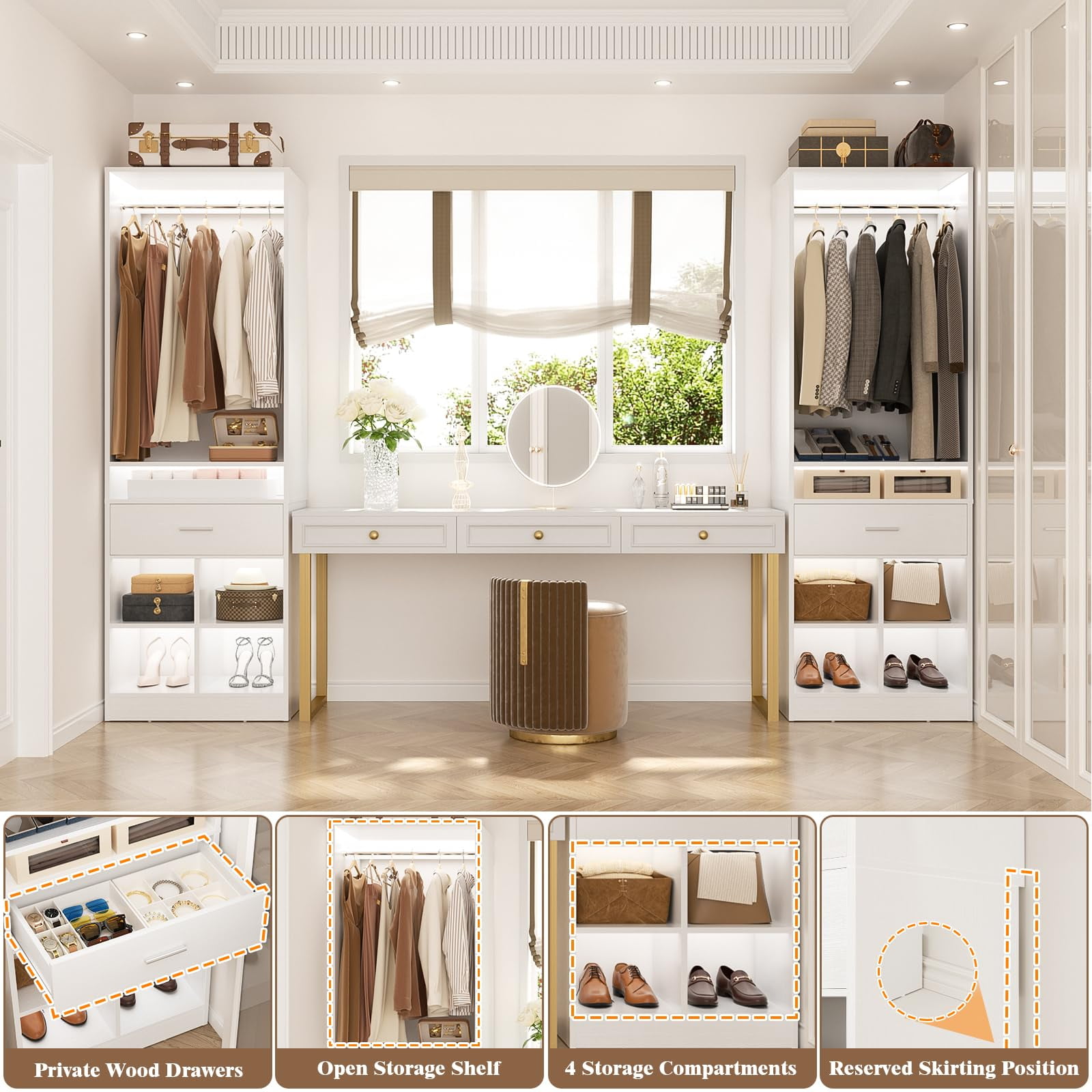 Homieasy Freestanding Closet Organizer System with Wood Drawer, 4 Cubby Storage & Hanging Rods - 25''W x 80''H Tower Wardrobe for Walk-In Closets, White