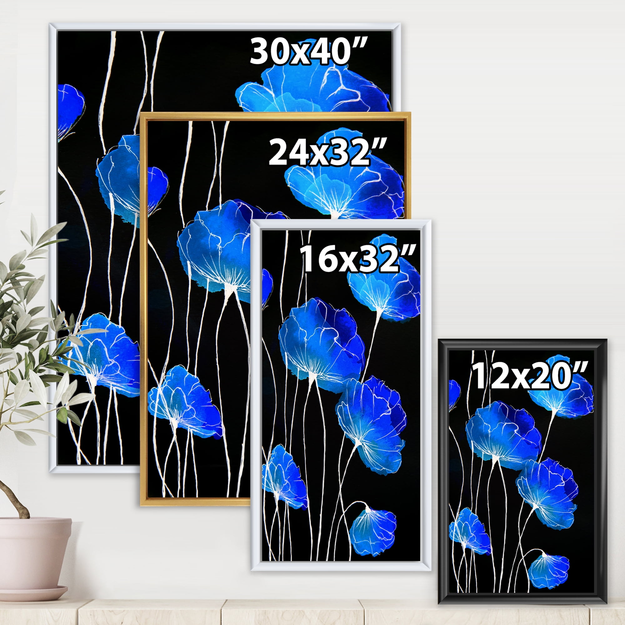 Designart 'Detail of Blue Flowers On Black Background II' Traditional