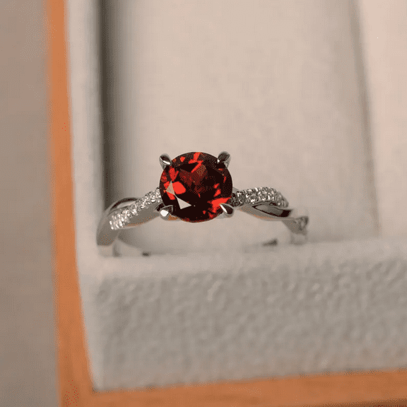 Round Cut Red Garnet & Diamond Criss Cross Promise Ring in 925 Sterling Silver - January Birthstone - Gift For wife