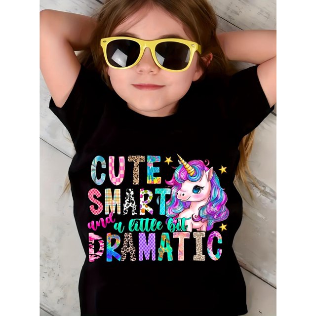 Unicorn Graphic & Letter Print Creative T-Shirts, Soft & Elastic Comfy Crew Neck Short Sleeve Tee, Girls' Summer Tops