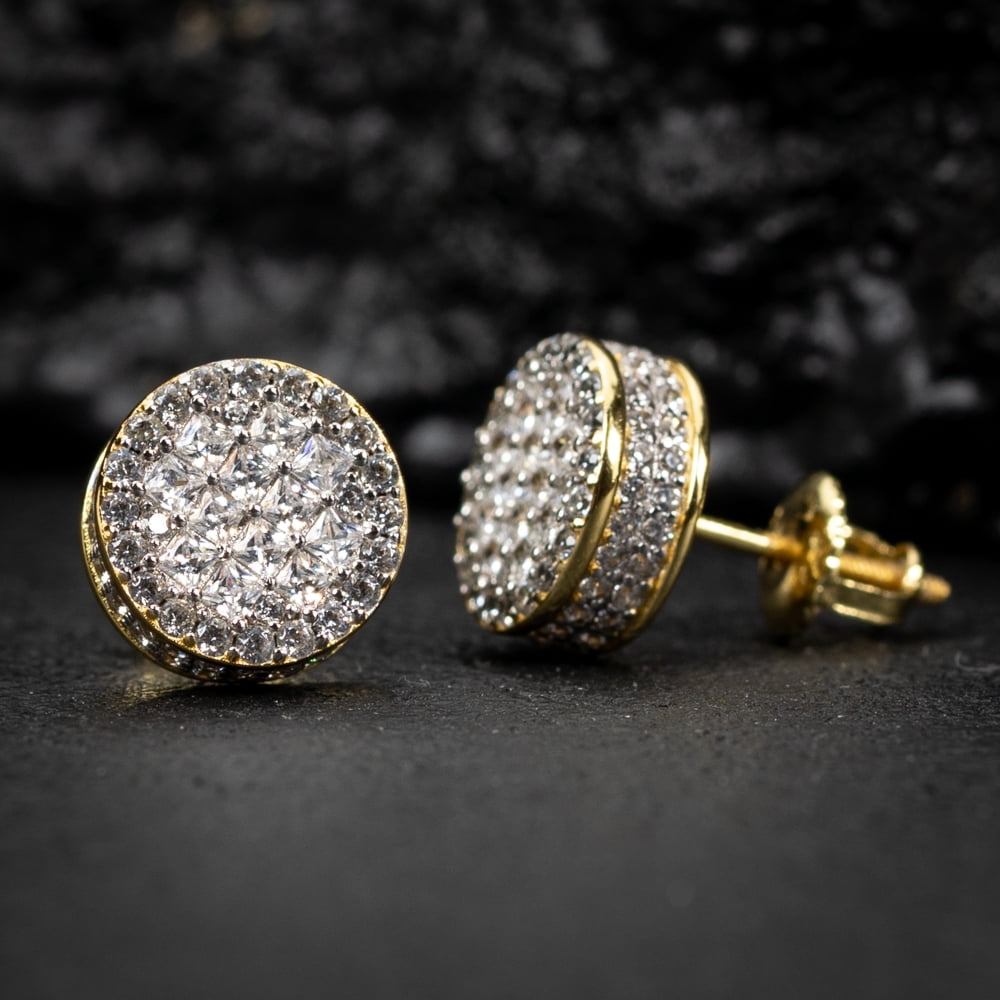 Men's Round Two Tone 14K Gold Plated 925 Sterling Silver Screw Back Post Cluster Square Princess Cut Hip Hop Gauges Circle Shape Stud Earrings
