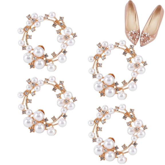 4Pcs Women Pearl Shoe Clips Removable Shoe Buckles Elegant Round Wreath Shoes Clutch Dress Hat Shoe Clips Decorative Accessories for DIY