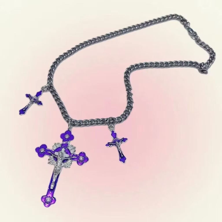 Pink Cross Pendant Necklace Cool Y2K Goth Jewelry Rainbow-Cross