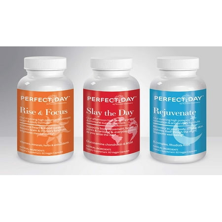 The Perfect Day 3 Pack Set. Feel Your Best. A-Z. Minerals, Amino Acids & Antioxidants. Herbal Nootropic. Boost Intelligence Levels. Joint, Muscle, Cartridge, Immune, Bone, Stress Relief