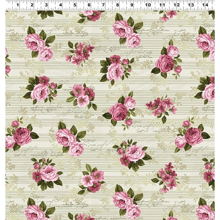 Clothworks Cotton - Love Song - Khaki - Pink Roses - Cotton Fabric - Clothworks