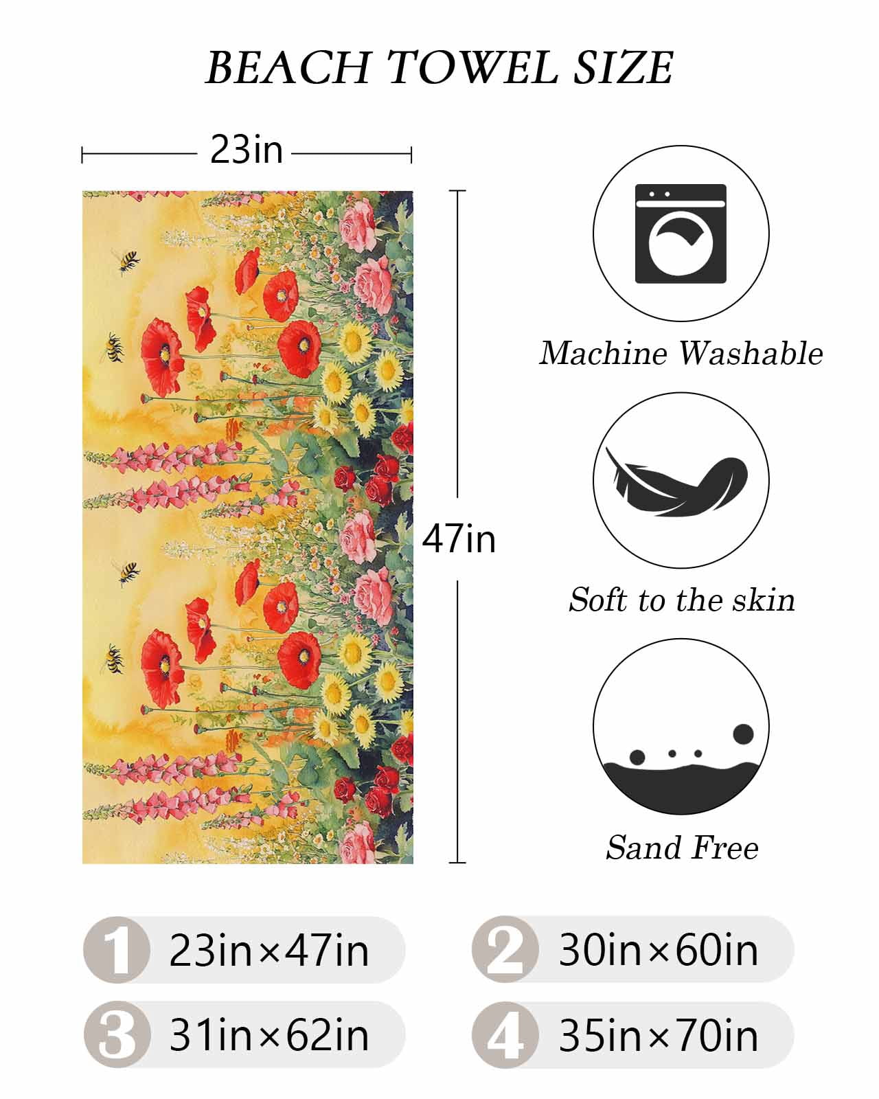 Poppy Botanical Beach Towels Oversized Super Absorbent, Vintage Floral Yellow Ombre Lightweight Bath Towel Quick Dry Sets For Bathroom/Pool/Rv Camping/Beach Play/Gym Room/Picnic 23"x47"