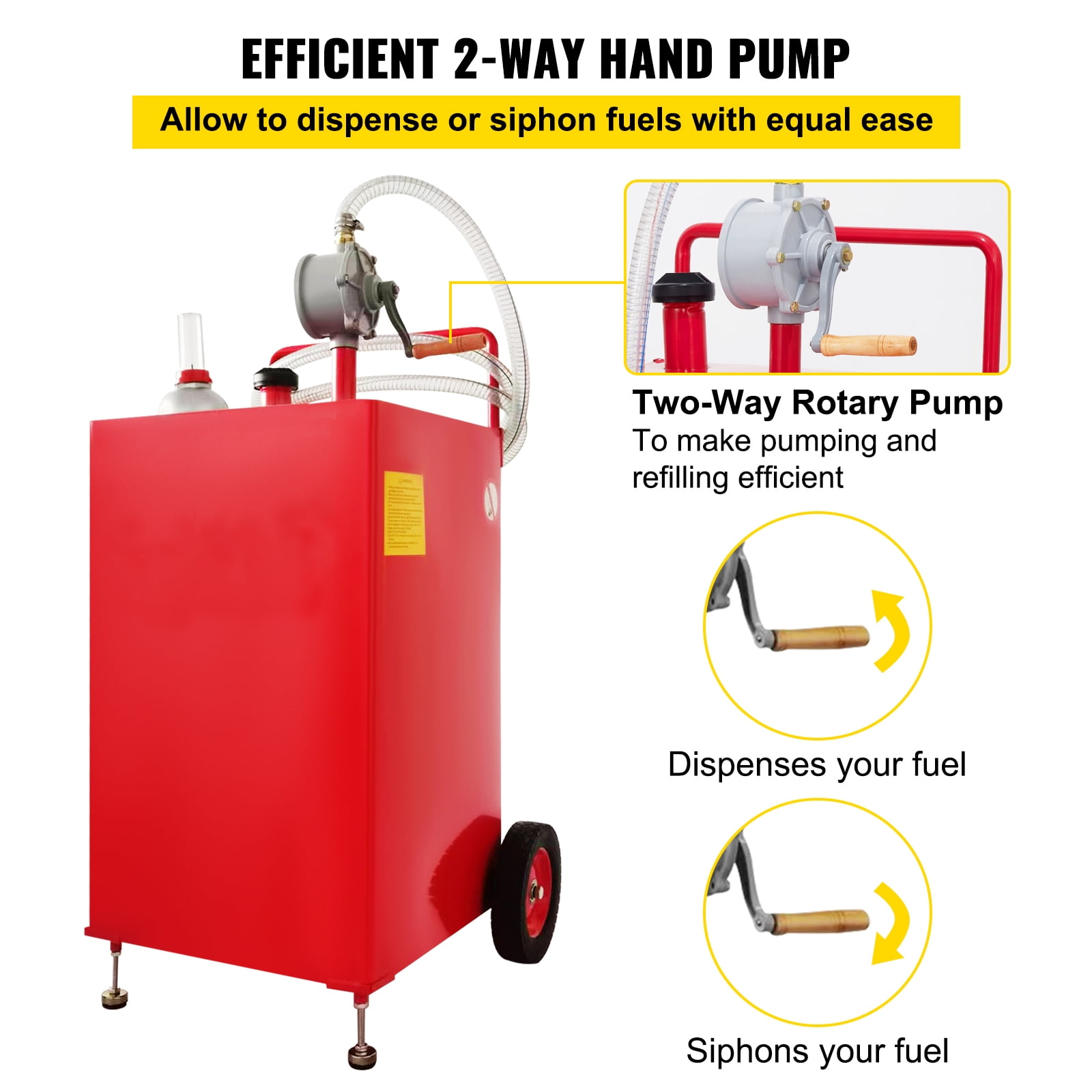 KFFKFF 30 Gallon Fuel Storage, Mobile Fuel Tank on Dual Wheels, Compact Gas Caddy with Manual Pump, Petrol Diesel Storage Unit for Vehicles, Lawn Equipment, ATVs, Marine Vessels, and More, in Red