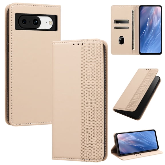 Magnetic PU Leather Wallet Case for Google Pixel 8, RFID Blocking Flip Phone Cover with Wrist Strap Card Slots Cash Pocket Kickstand Full Body Protection for Google Pixel 8, Beige