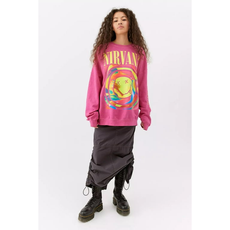 Urban Outfitters Women's X Nirvana Smiley Face Overdyed Crew Neck Sweatshirt  (Large/X-Large, Pink/Rose) 