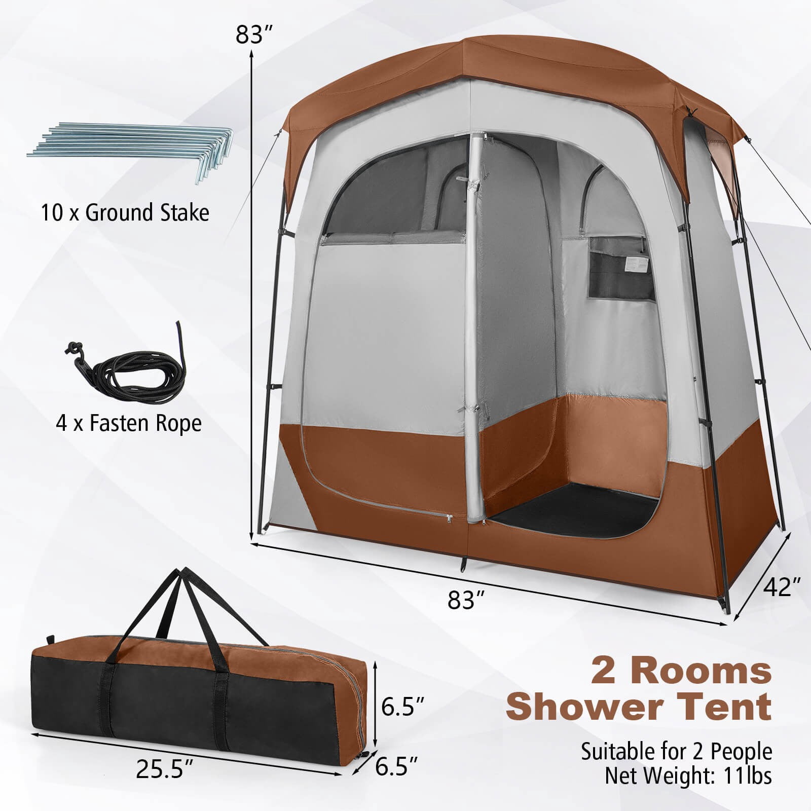 FASCK Double Room Shower Tent, Oversize Space Privacy Tent with Floor, Removable Rain Fly, Inside Pocket, Clothesline, Top Hook, Portable Outdoor Changing Tent for Dressing, Camping, Toilet