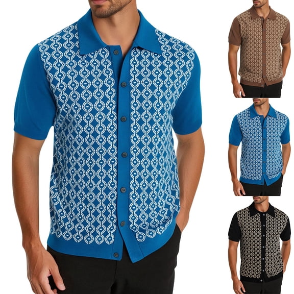 Hinvhai Men's Knit Button Down Shirt Vintage Short Sleeve Polo Shirts Casual Beach Tops Brown XL(XL)