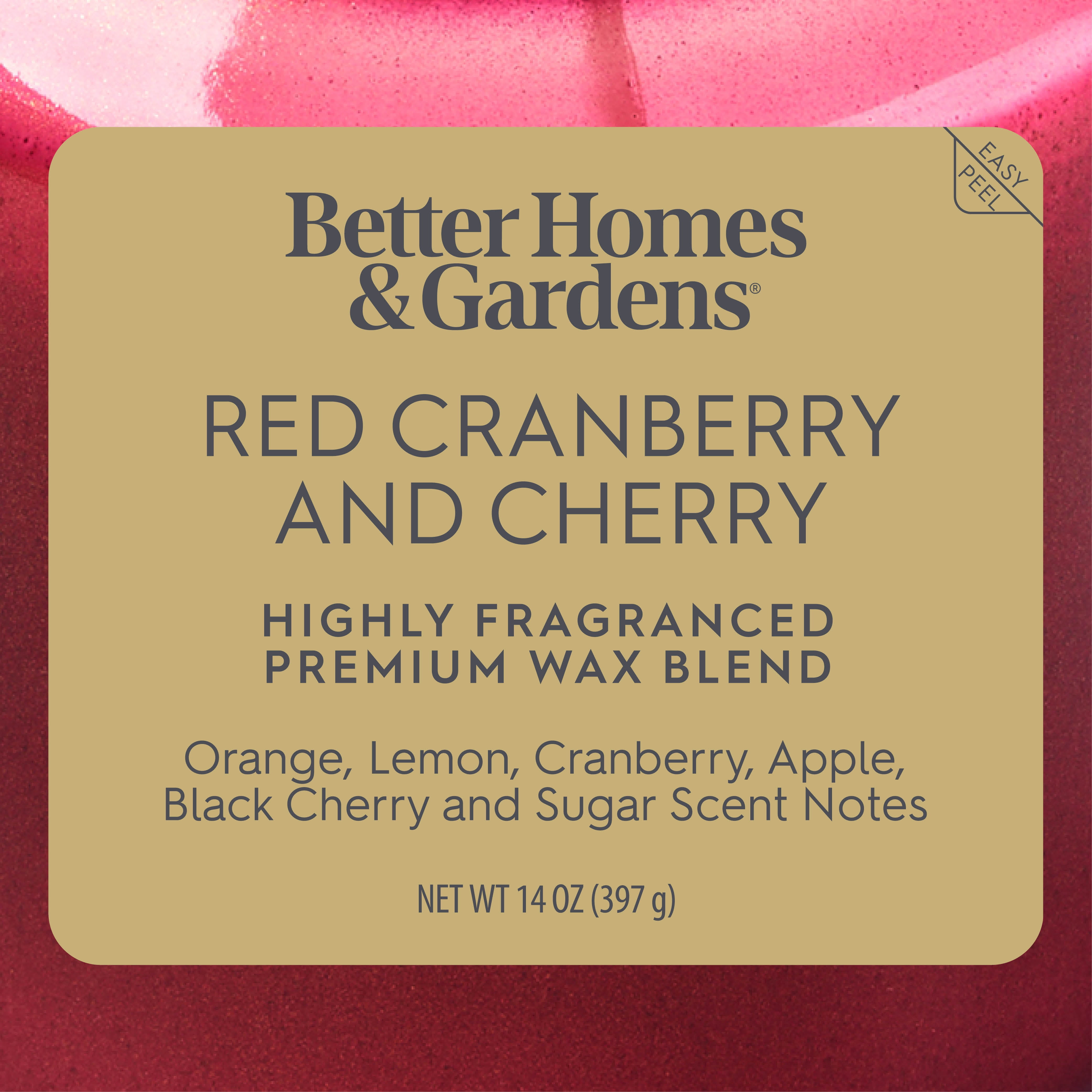 Better Homes & Gardens 2-Wick Red Glass Jar Candle with Gold Lid, Red Cranberry & Cherry, 14oz.