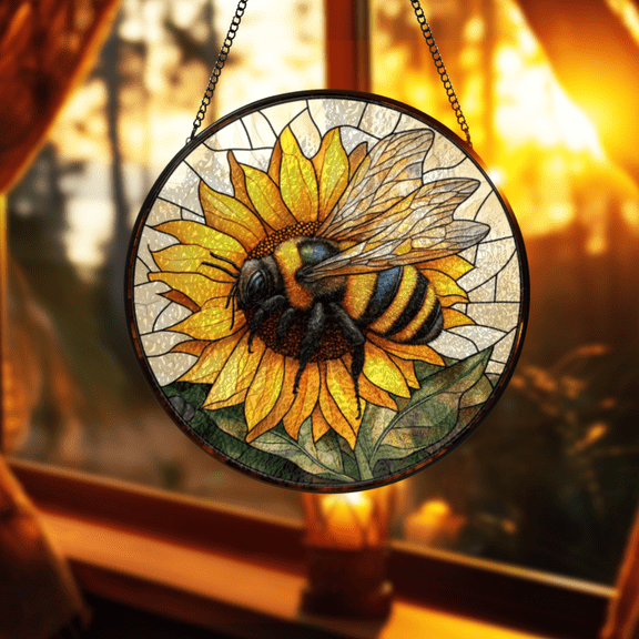 Sunflower Bee Stained Glass Suncatcher, Floral Sun Catcher Window Hanging Decoration, Indoor Glass Wall Art Gift