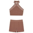 thumbnail image 3 of Doomiva Kids Girls 2 Pieces Gymnastics Dance Outfits Shiny Halter Crop Vest with Booty Shorts Athletic Clothes Set Dusty Pink 14, 3 of 5