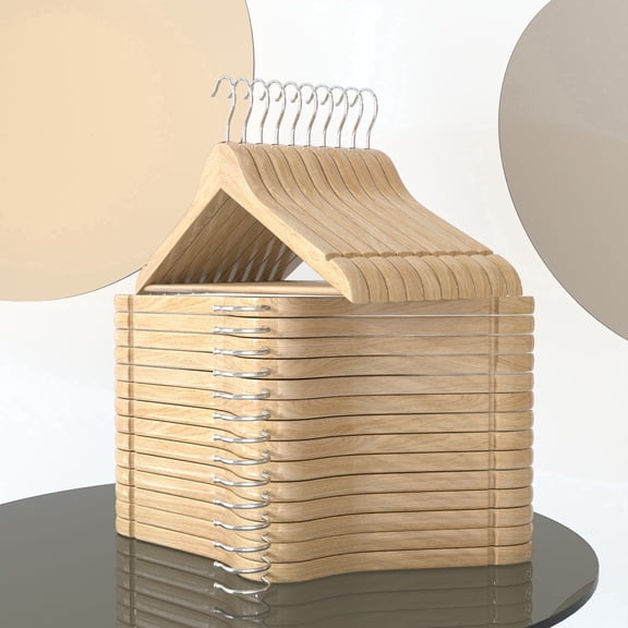 LEDREM Pack of 24 Wooden Hangers with Pants Bar, Non-Slip Coat Hangers with 360° Swivel Hooks for Jackets and Shirts, Natural Wood