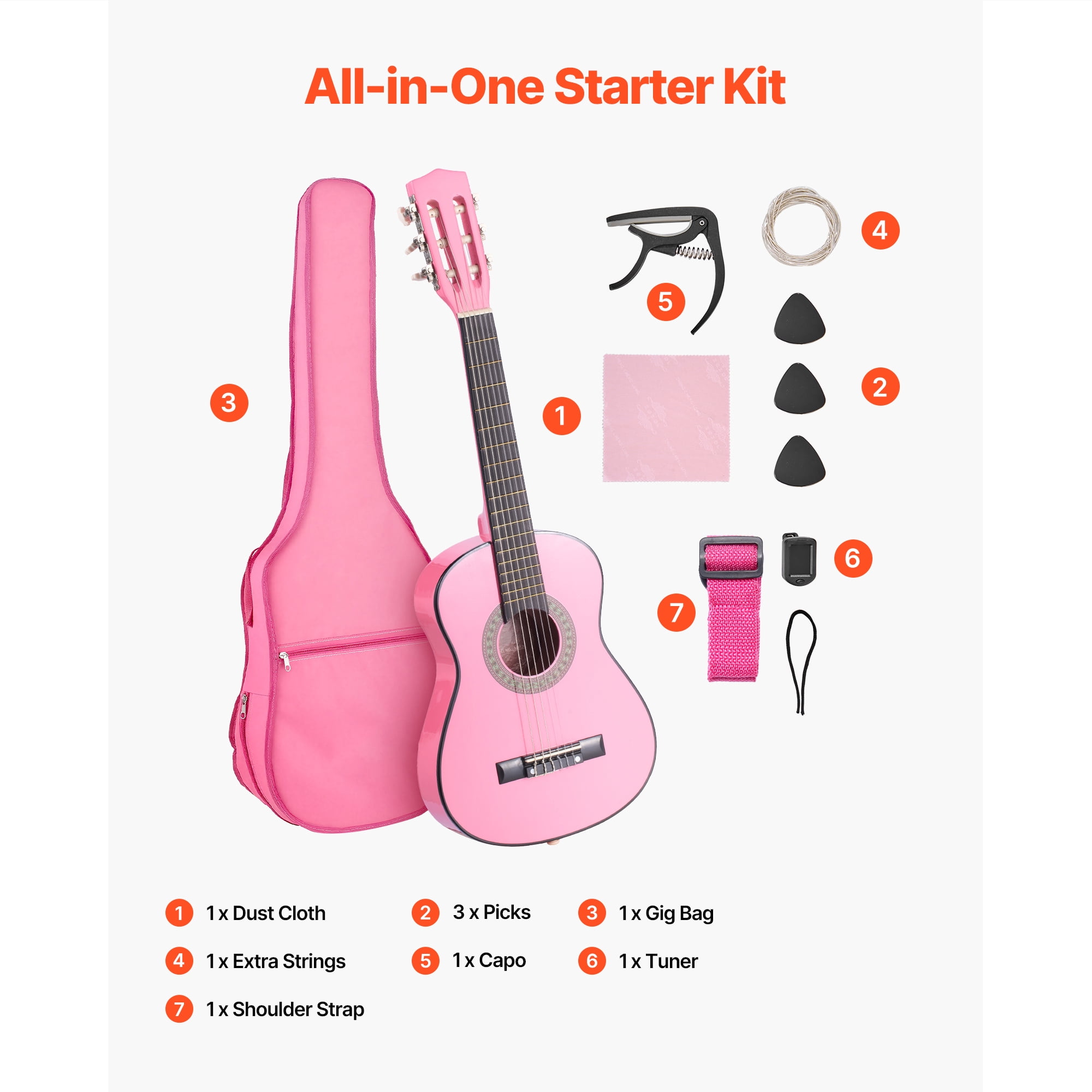 KFFKFF 30-Inch Classical Guitar Starter Kit, Wooden Design with Nylon Strings, Includes Gig Bag, Strap, Tuner, Extra Strings, Picks, Capo, Ideal for Beginners, Kids, and Students, Pink