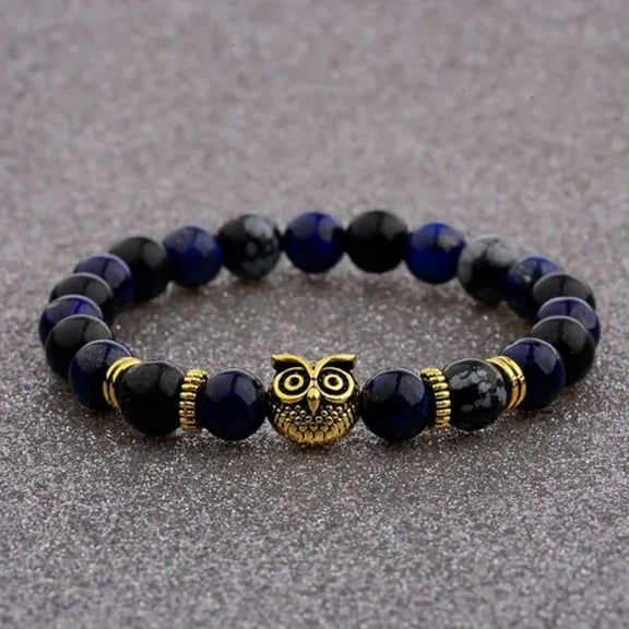 EOEMY Men Women 8mm Natural Round Gemstone Bead Handmade Beads Bracelets Charm Jewelry-Golden Owl Dark Blue Stone E...