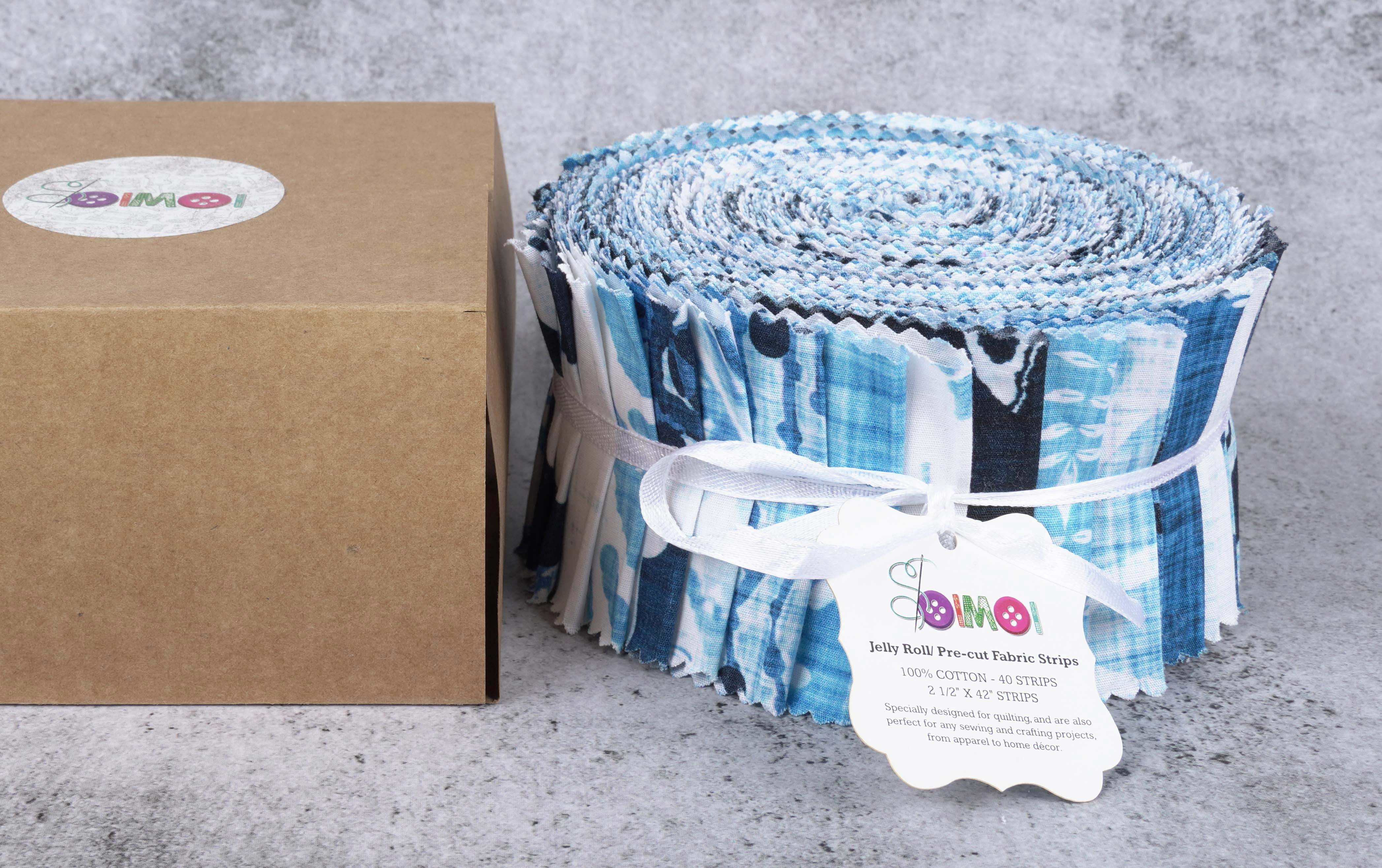 Soimoi 40Pcs Block Print Cotton Precut Fabrics For Quilting Craft Strips 2.5x42inches Jelly Roll - Blue