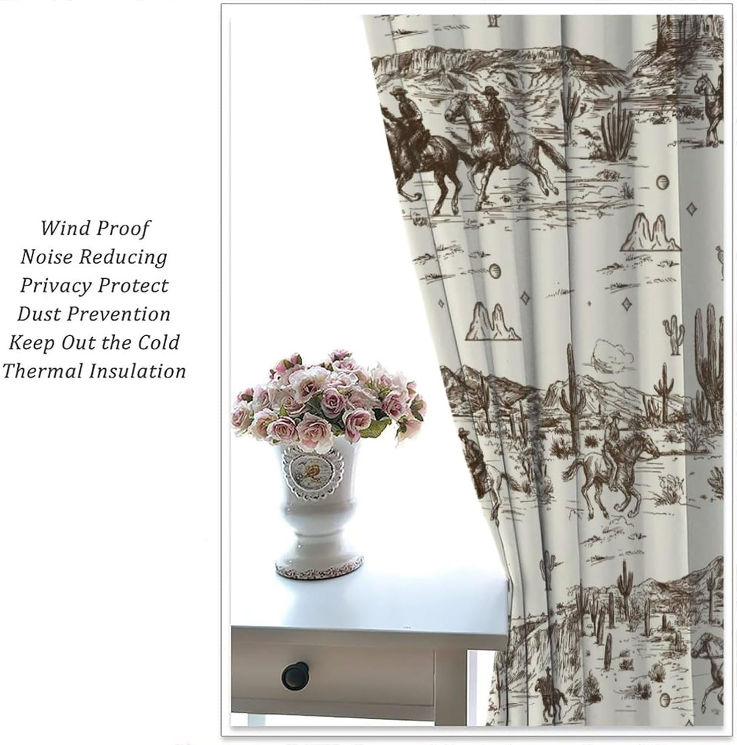 Vintage American Wilderness Western Cowboy Blackout Curtains for Bedroom,Sketch Style Western Cowboy Cacti Room Darkening Window Curtains with Rod Pocket - 2 Panels 84" L x 42" W