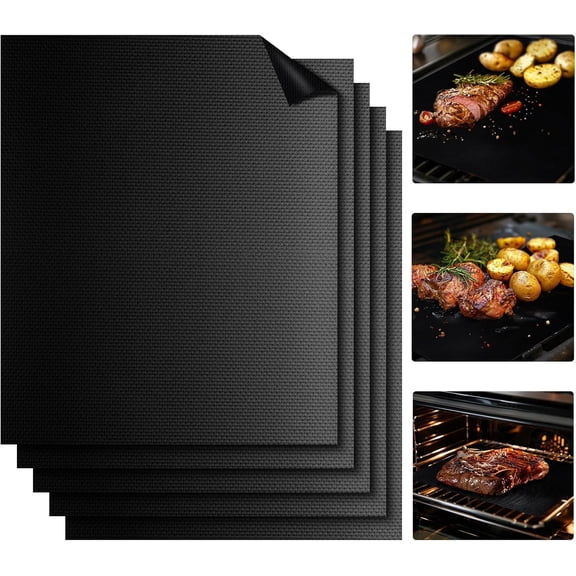 Grill Mats for Outdoor Grill - Set of 5 Non-Stick BBQ Accessories for Gas Charcoal and Electric, Black