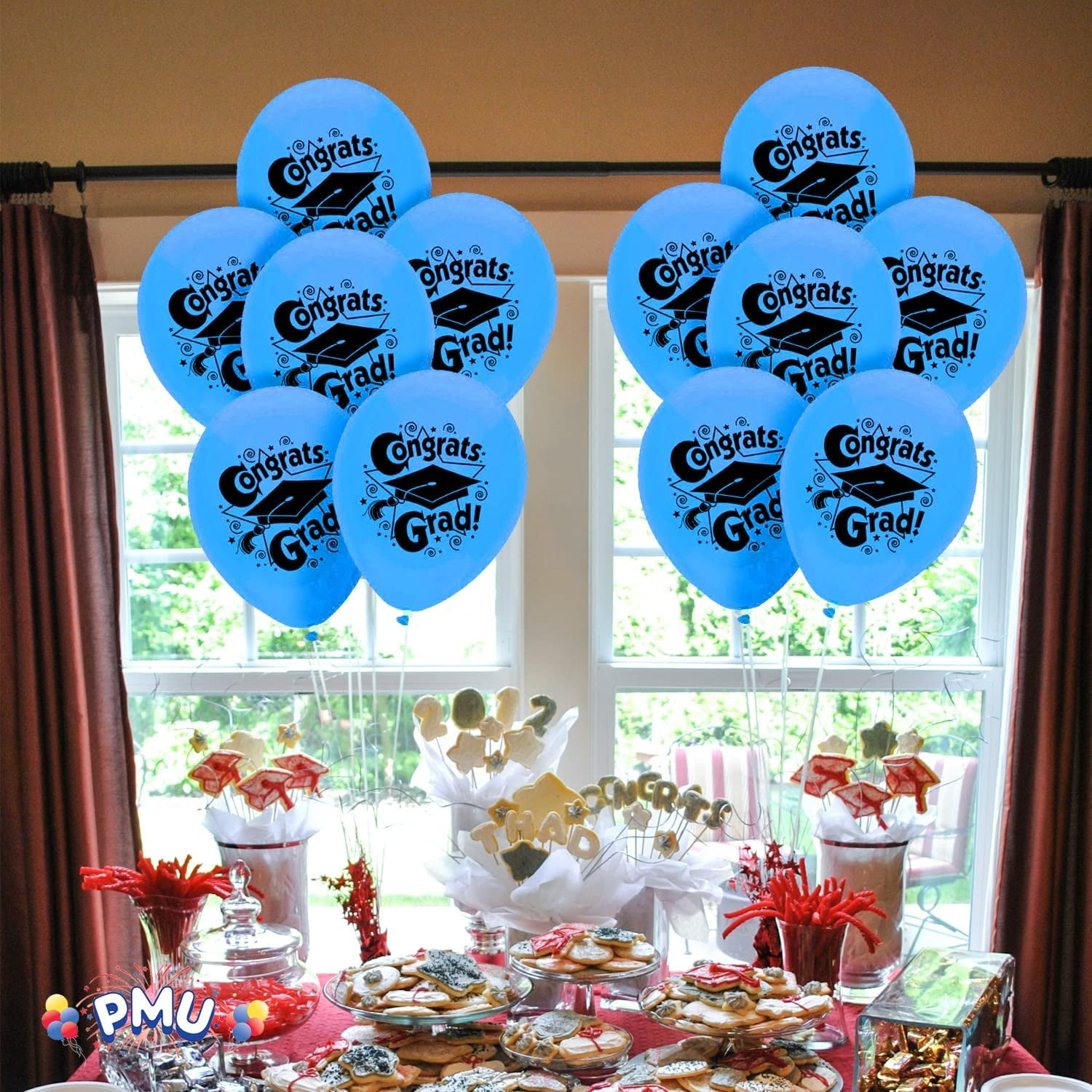 PMU 50 Pcs Graduation Balloons PartyTex 11 inch Premium Blue with All-Over Print White Grad Caps-Confetti and Streamers Graduation Party Decorations