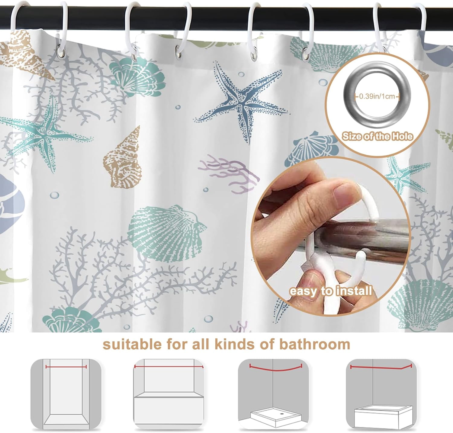 Nautical Coastal Shower Curtain, Coral Conch Starfish Seashell Bathroom Curtain, Ocean Theme Underwater Marine Shower Curtain Set with 12 Hooks for Bathroom 72" Wx72 L
