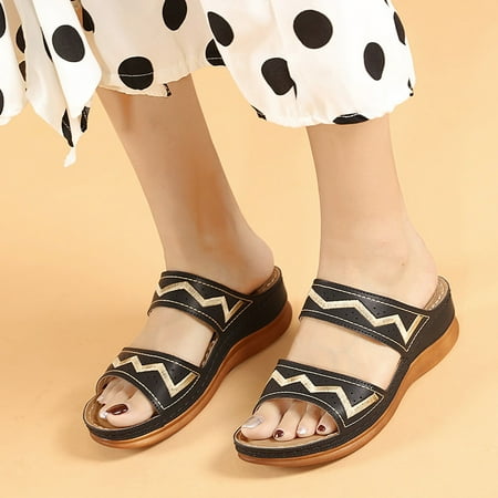 

〖Yilirongyumm〗 Black 38 Sandals Women Slip-On Wedges Open Sandals Embroidery Breathable Women Toe Shoes Beach Summer Women s Sandals